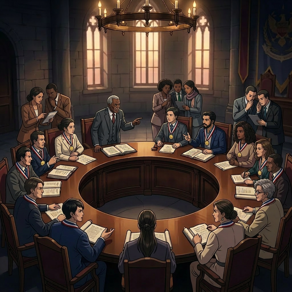 Group of judges in robes discussing and pointing at documents around a circular wooden table in a courtroom with stained glass windows